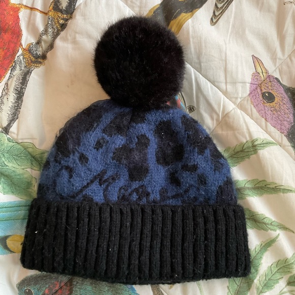 Kate spade meow black blue leopard winter beanie hat - Picture 5 of 6